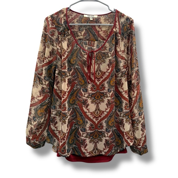 Daniel Rainn Red, Cream & Tan Paisley Long Sleeve Top w/ Tank Liner Sz M - Picture 1 of 6
